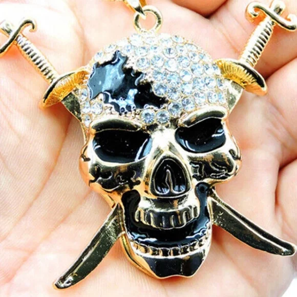 Enamel Crystal Skull Head With Daggers, Nuts, Bolts Chain Necklace- Halloween - Picture 5 of 7